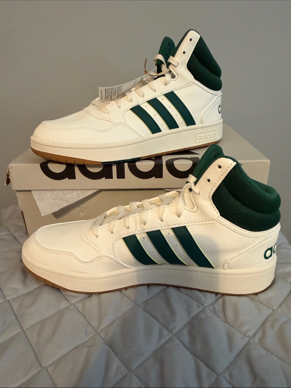 adidas Men’s White High-Top Sneakers with Green Stripes